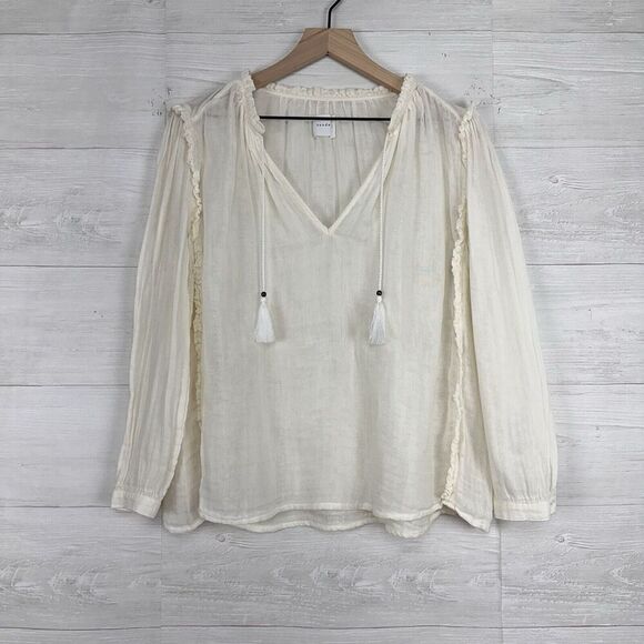 Sundays Summerton Peasant Top Blouse Size 10 Ivory Gauze Tassel V Neck Ruffle - Picture 15 of 16